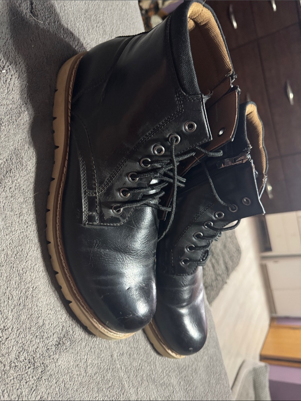 Steve Madden Black Leather Lace-Up Boots with Tan Sole
